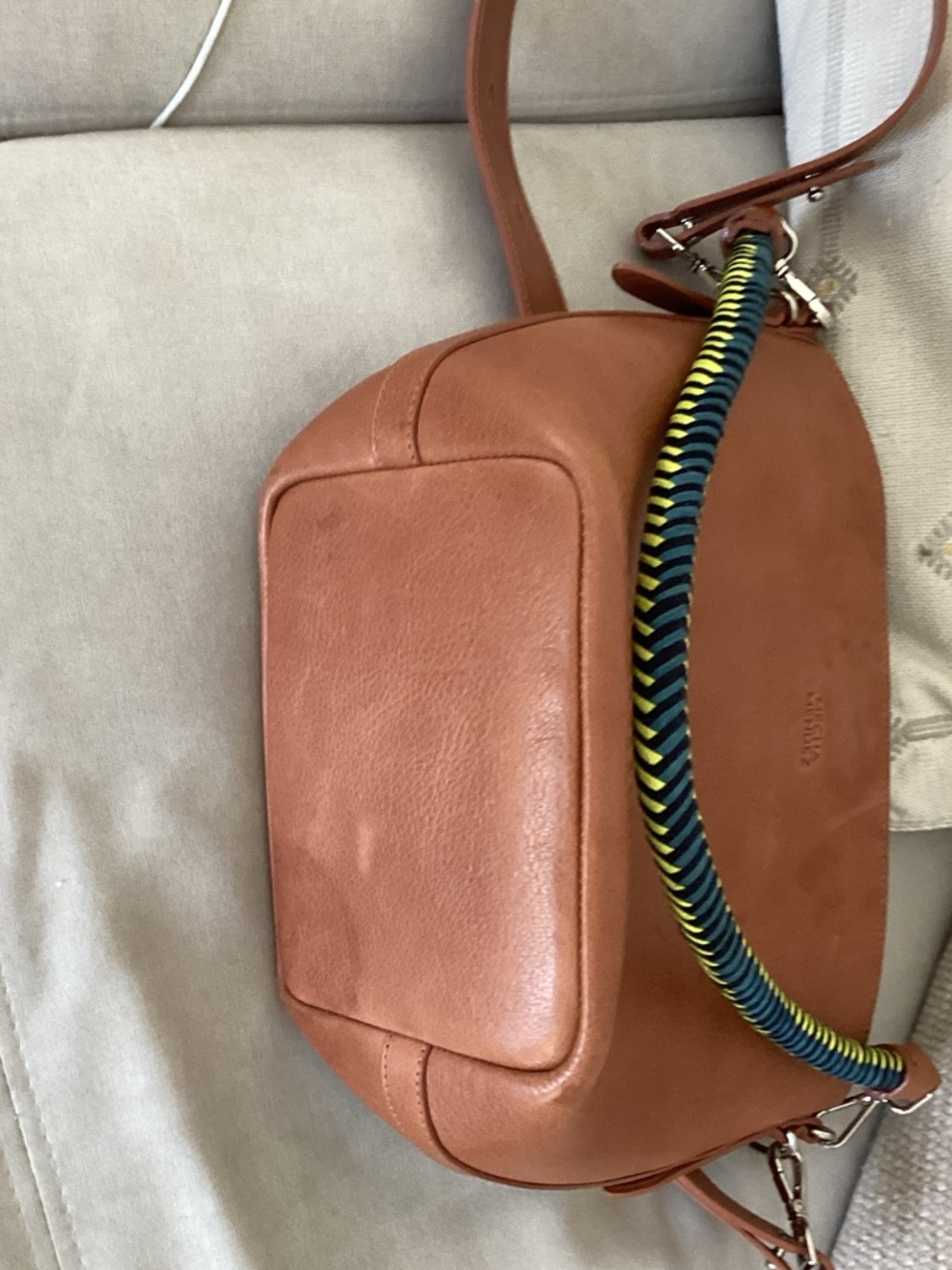 Mecha Mendez Cognac Leather Shoulder Bag with Braided Navy & Neon Handle - Picture 7 of 11